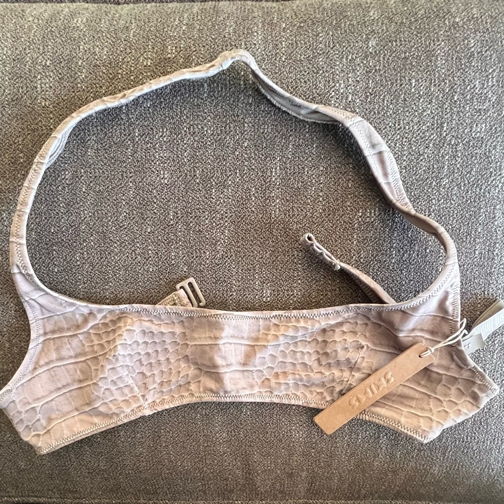 SKIMS NWT Signature Swim Halter Scoop Bikini Top Dune Crocodile Print